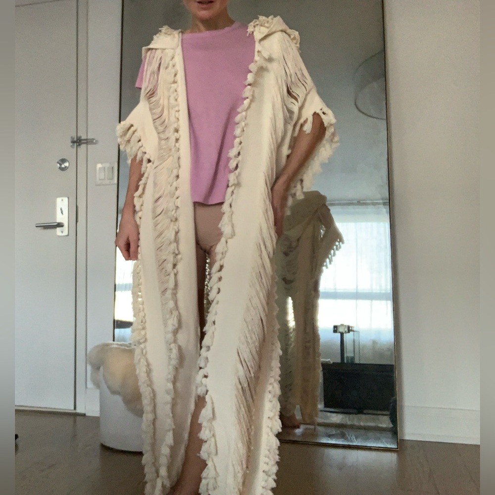 Tulum Cream Knit Fringe Vest Hooded